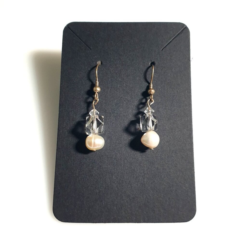 Crystal Beaded Dangle Earrings Clear Glass Drop Pearl Accent Handmade Vintage